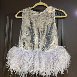 Girls' Silver Sequin Feather Hem Party Top